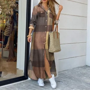 Long Sleeve Dress Plaid Robe Maxi Beach Dress Summer Elegant Women Button Irregular Shirt Dress Split Print Lapel Party Robe - Image 3