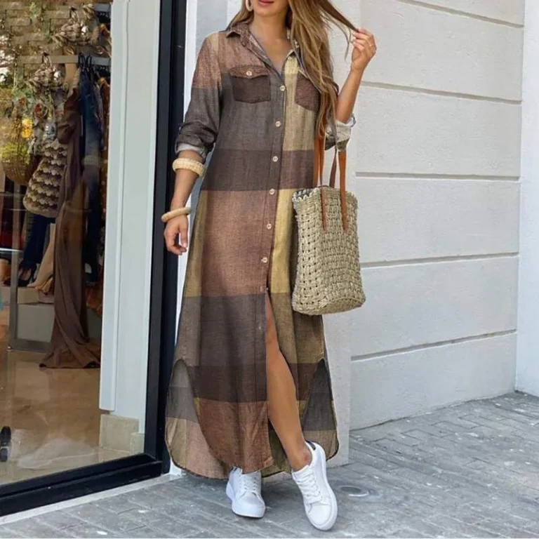 Long Sleeve Dress Plaid Robe Maxi Beach Dress Summer Elegant Women Button Irregular Shirt Dress Split Print Lapel Party Robe - Image 3