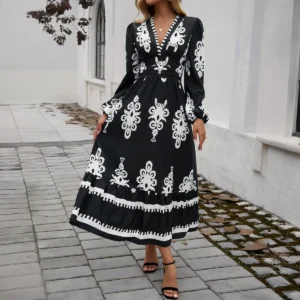 Elegant Print V-Neck A- Line Dress Women's Autumn Winter Fashion Dress Classy Skirt Elegant Style Cross-Border Clothing - Image 5