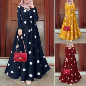 New Muslim Casual Large Polka Dot Print round Neck Overhead Long Sleeve Belted Full Skirt Long Robe Dress Elegant Women's Wear