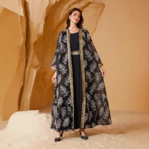 Gold embroidered mesh splicing two-piece set of Muslim women's top Arabic Dubai Summer Gurbang Festival Fashion Islamic Clothing - Image 4