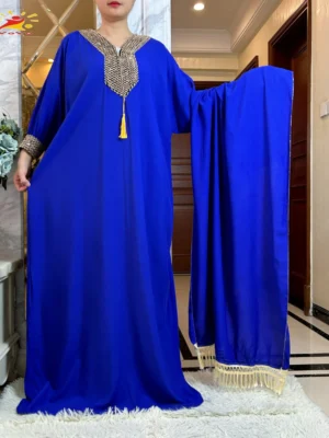 2025New Muslim Women Long Sleeve Autumn Dress Cotton With Big Scarf Boubou Maxi Islam Women Dress African Abaya