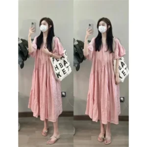 Maternity Dress Summer New Korean Fashion Short Sleeve Cotton Lin Loose Women Pregnant Women Dress Comfortable Breathable - Image 3