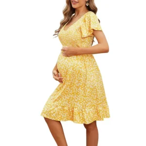 Maternity Summer Dress 2025 New Style Breathable V-neck Floral Loose Fit Comfortable Casual Short-Sleeve Dress Slim Waist Design - Image 4