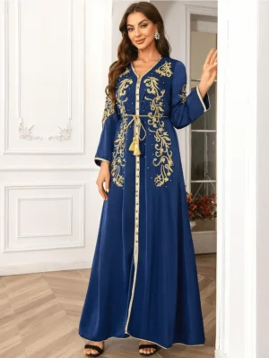 Eid Muslim Dress for Women Abaya Beading V Neck Lace-up Jalabiya Party Dresses Kaftan Vestidos Largos Long Robe Arab Dubai 2024 - Image 7