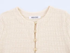 DEEABAE 2025 Spring New Round Neck Buckle Decoration Gentle and Versatile Short Sleeve Knitted Cardigan Half Skirt Set - Image 6