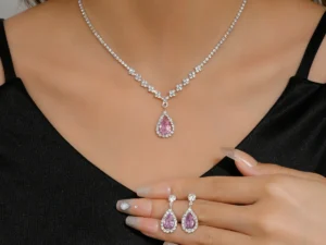BLIJERY Elegant Waterdrop Style Jewelry Sets for Women Pink Crystal Necklace Earrings Bridal Wedding Party Jewelry Sets