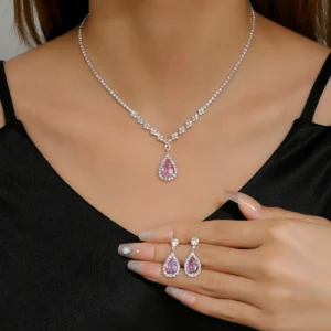 BLIJERY Elegant Waterdrop Style Jewelry Sets for Women Pink Crystal Necklace Earrings Bridal Wedding Party Jewelry Sets