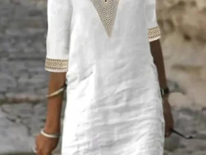 New solid color V-neck mid-sleeved elegant dress
