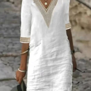 New solid color V-neck mid-sleeved elegant dress