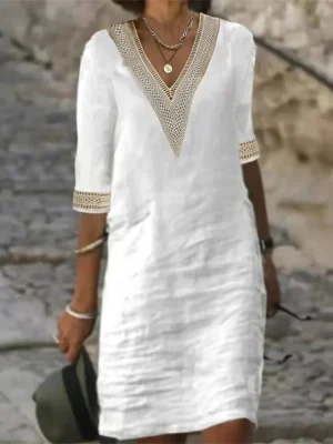 New solid color V-neck mid-sleeved elegant dress