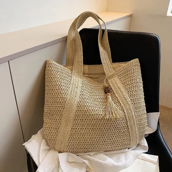 Fashion Large Capacity Fringe Pendant Handmade Straw Handbag Women Holiday Beach Casual Tote Top-Handle Bags Retro Shoulder Bags - Image 4