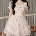 Jielur Lolita Pink Y2k Mini Dress Woman Beach Short Sleeve Floral Dress New Korean Fashion Casual Sweet Short Party Dress Summer