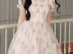 Jielur Lolita Pink Y2k Mini Dress Woman Beach Short Sleeve Floral Dress New Korean Fashion Casual Sweet Short Party Dress Summer