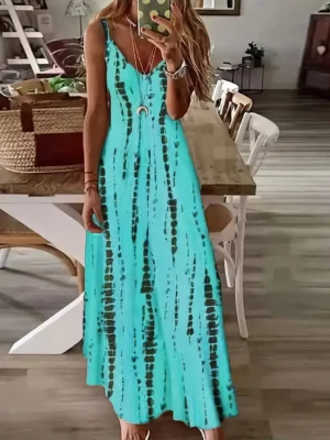 Women's Casual Loose V-neck Tie Dye Printed Spaghetti Maxi Dress Summer Beach Vacation Long Dress - Image 3