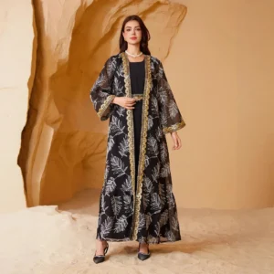 Gold embroidered mesh splicing two-piece set of Muslim women's top Arabic Dubai Summer Gurbang Festival Fashion Islamic Clothing - Image 3