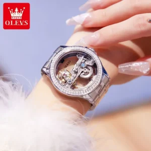 OLEVS Fully Hollow Watch for Women Automatic Mechanical Women's Watches Luminous Luxury Stainless Steel Diamond Inlay Wristwatch - Image 5