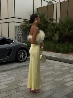 Elegant Yellow Satin Feather Long Vestido Women Sexy Strapless Backless Off Shoulder Slim Fit Dresses 2025 New Party Street Gown - Image 7