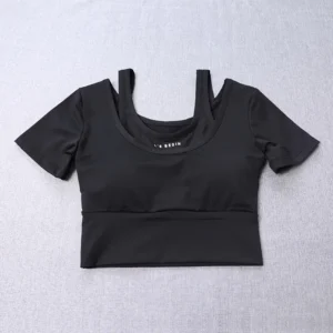 Women's 2-in-1 Built-in Bra Tight Yoga Top Quick-Dry Cropped Workout Shirt Summer Fitness Training Short Sleeve - Image 6