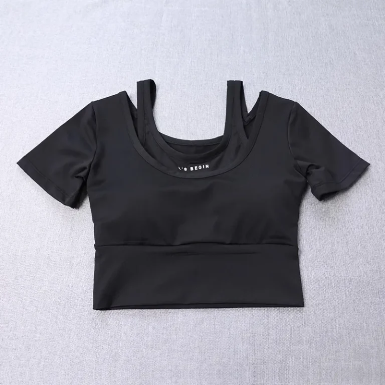 Women's 2-in-1 Built-in Bra Tight Yoga Top Quick-Dry Cropped Workout Shirt Summer Fitness Training Short Sleeve - Image 6