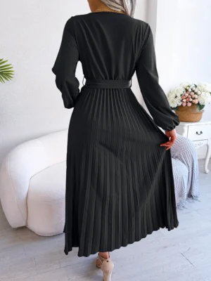 Women Elegant V Neck Long Sleeve Pleated Maxi Dress - Image 7