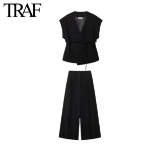 Traf Frauen Mode Sommer neue Leinen gemischt V-Ausschnitt Weste Top schicke Büro Dame Hose Plissee Hose hohe Taille zweiteilig Set - Image 6