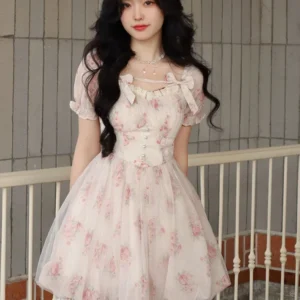Floral Sweet Fairy Bodycon Dresses for Women Elegant Party Print French Female Korean Fashion Cute Mini Dress Summer 2024 Pink