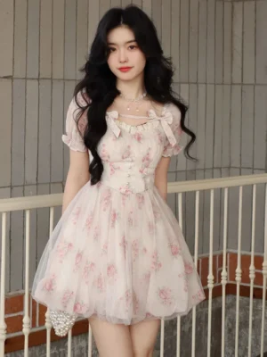 Floral Sweet Fairy Bodycon Dresses for Women Elegant Party Print French Female Korean Fashion Cute Mini Dress Summer 2024 Pink