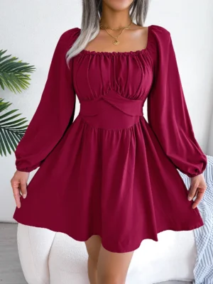 2023 Women Autumn Casual Long Sleeve Fit And Flare Dress Blue Red White