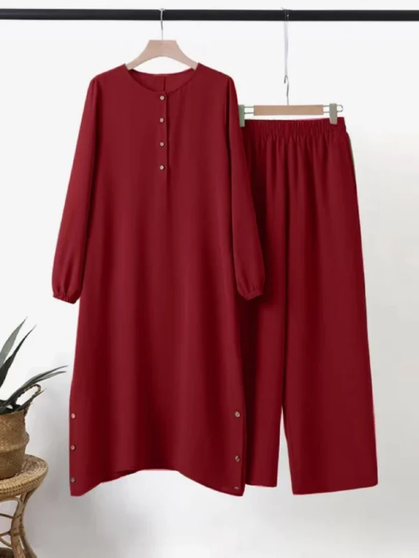 Arab Women Eid Muslim Two Pieces Set Blouse & Wide Leg Pant Musulman Ensemble Belt Single Button Shirt Ramadan Modest Clothing - Image 6