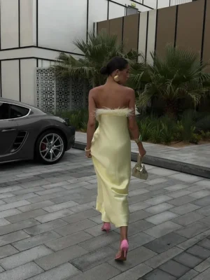 Elegant Yellow Satin Feather Long Vestido Women Sexy Strapless Backless Off Shoulder Slim Fit Dresses 2025 New Party Street Gown - Image 3