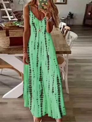 Women's Casual Loose V-neck Tie Dye Printed Spaghetti Maxi Dress Summer Beach Vacation Long Dress - Image 5