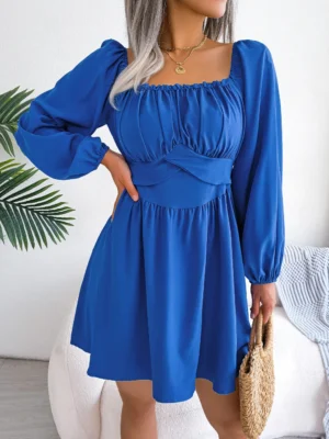 2023 Women Autumn Casual Long Sleeve Fit And Flare Dress Blue Red White - Image 5