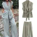 Trafza Frauen 2 Stück Set Mode Revers ärmellose Westen schlanke Gürtel Weste Top Vintage Kordel zug hohe Taille lässig weites Bein Hose
