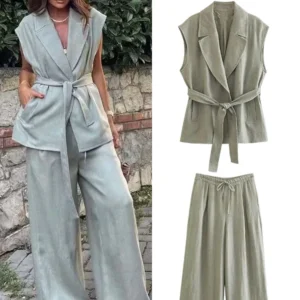 Trafza Frauen 2 Stück Set Mode Revers ärmellose Westen schlanke Gürtel Weste Top Vintage Kordel zug hohe Taille lässig weites Bein Hose
