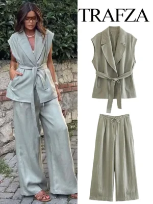 Trafza Frauen 2 Stück Set Mode Revers ärmellose Westen schlanke Gürtel Weste Top Vintage Kordel zug hohe Taille lässig weites Bein Hose