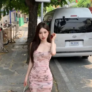 Sexy Butterfly Print Strapless Dress Women's Summer Waist Cinched Backless Belted Long Skirt Pure Desire Bodycon Dress - Image 3