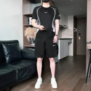 Nike Sports Suit Men and Women Embroidery Polyester Fiber Regular Fit Short Sleeved and Shorts Two-piece Set Black Green - Image 6