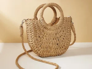Handwoven Straw Rattan Half-Moon Beach Handbag Large Capacity Women Summer Hollow Out Crossbody Shoulder Bag