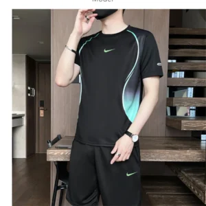 Nike Sports Suit Men and Women Embroidery Polyester Fiber Regular Fit Short Sleeved and Shorts Two-piece Set Black Green - Image 4