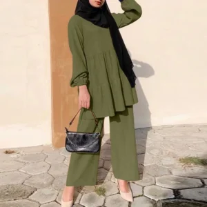 Ensembles Muslim Two Piece Set Women Blouse Wide Leg Pants Suit Ramadan Eid Morocco Dubai Islam Arabic Modest Saudi Outfits - Image 3