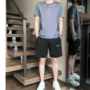 Nike Sports Suit Men and Women Embroidery Polyester Fiber Regular Fit Short Sleeved and Shorts Two-piece Set Black Green - Image 7