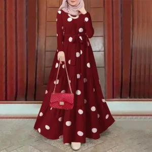 New Muslim Casual Large Polka Dot Print round Neck Overhead Long Sleeve Belted Full Skirt Long Robe Dress Elegant Women's Wear - Image 4