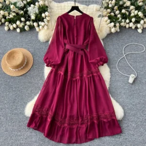 Women's Autumn Waist Sweet Clothing French Vintage O Neck Hollow Out Lace Patchwork Long Lantern Sleeves Korean Fashion Dresses - Image 5