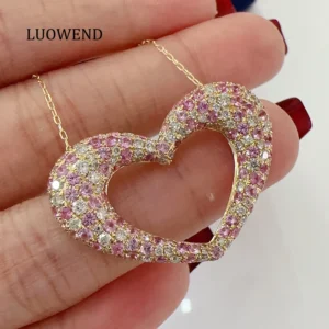 LUOWEND 18K Yellow Gold Necklace Luxury Heart Shape Shiny Diamond Natural Pink Color Sapphire Necklace for Women Party Jewelry