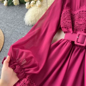 Women's Autumn Waist Sweet Clothing French Vintage O Neck Hollow Out Lace Patchwork Long Lantern Sleeves Korean Fashion Dresses - Image 7