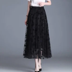 GIDYQ Korean Women Mesh Skirt Fashion Hook Flower Loose Midi Skirt Elegant Female Casual All Match Skirts Summer New - Image 5