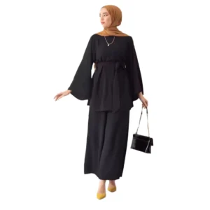 Eid Muslim Two Piece Set Islam Women Lace Up Shirt Wide Leg Pants Suits Ramadan Turkey Outfits Modest Morocco Abayas Ensembles - Image 6