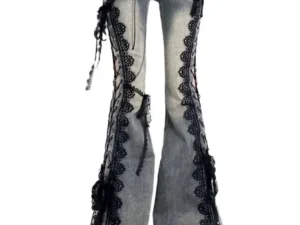 2025 Lace Up Flare Jeans Retro Stitch Lace Whiskers Slim Low Rise Split Bootcut Pants Women Bottoms Streetwear Chic