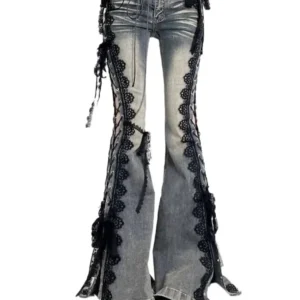 2025 Lace Up Flare Jeans Retro Stitch Lace Whiskers Slim Low Rise Split Bootcut Pants Women Bottoms Streetwear Chic
